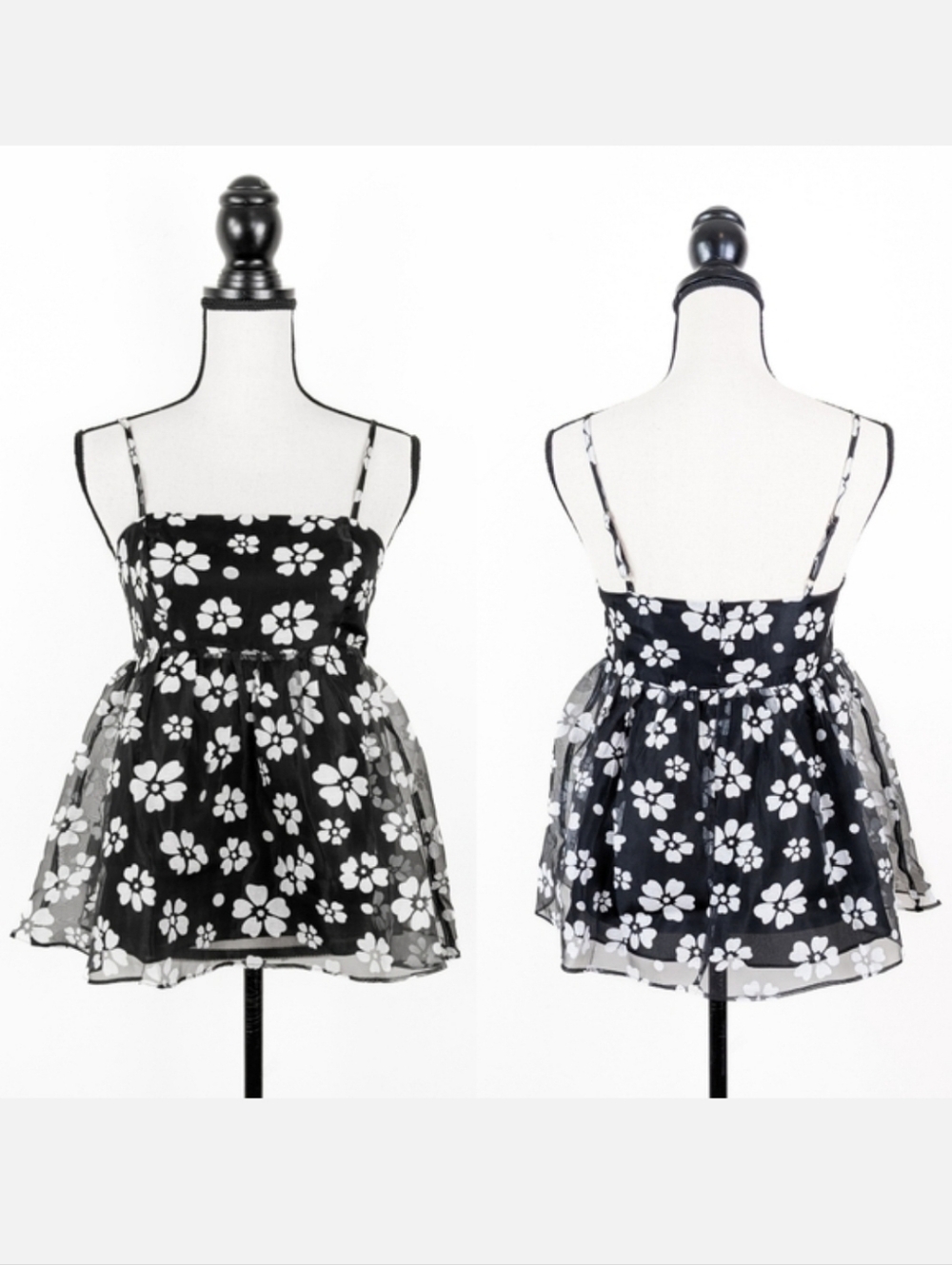 NWT Storia Black and White Floral Baby Doll Cami Top, Size Medium